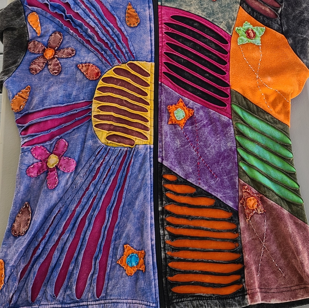 Vintage Distressed Patchwork Design Boho Long Sle… - image 8